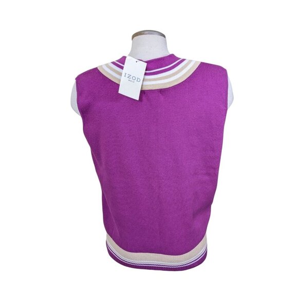 Womens Y2K Izod New Golf Sweater Vest XL Purple Cream V Neck Preppy Varsity - Picture 5 of 8
